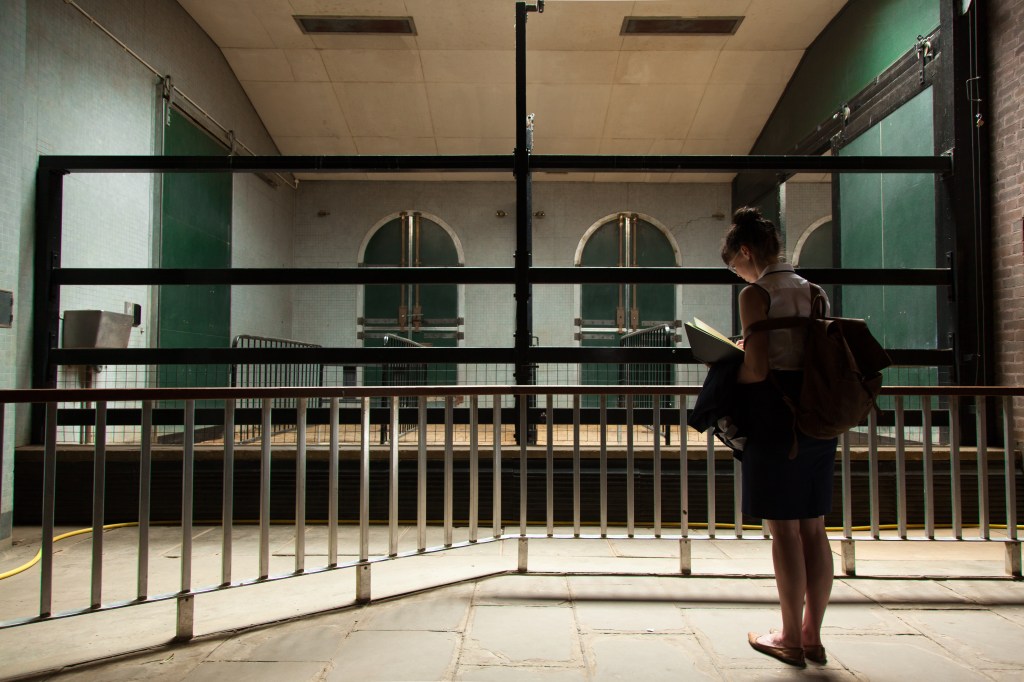 Taking notes inside the Giraffe House.